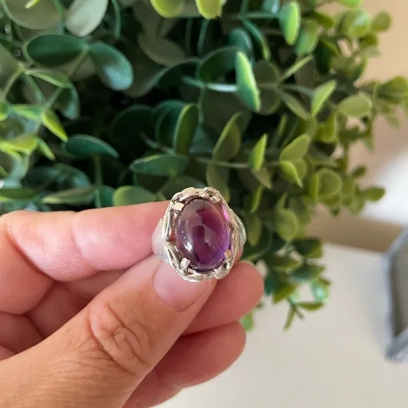 Vintage SA 925 Sterling Silver Amethyst Gemstone Dome Ring Medieval Style SZ 6.5 - Picture 3 of 11